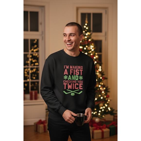 Festive Ugly Holiday Hockey Black Crewneck Pullover Sweater Unisex size 2XL - Picture 3 of 7